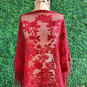 70s Red Chenille Triangle Shawl Fringed Flower Shawl Piano Shawl